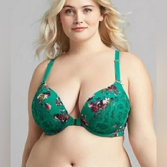 Cacique | Boost Plunge floral lace Kelly green front clasp Bra womenS size 42DDD - Picture 1 of 8